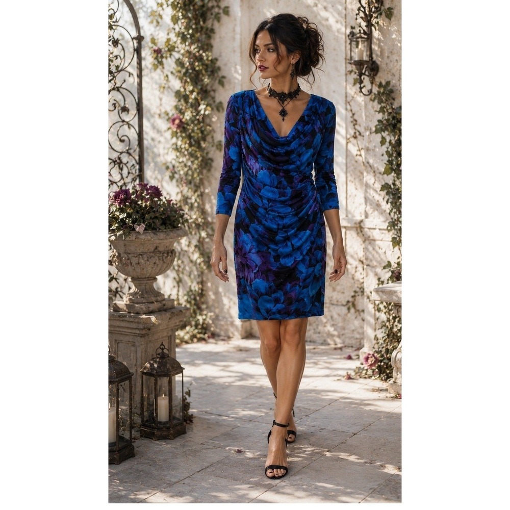 Career Wedding Dark Fairy Blue Purple Floral Bodycon Stretch KneeLength 8 Dress
